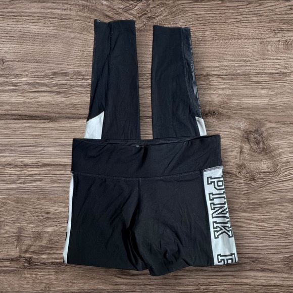 PINK Victoria's Secret Athletic Black Leggings w White Logo Mesh Accent on Legs - Picture 6 of 6